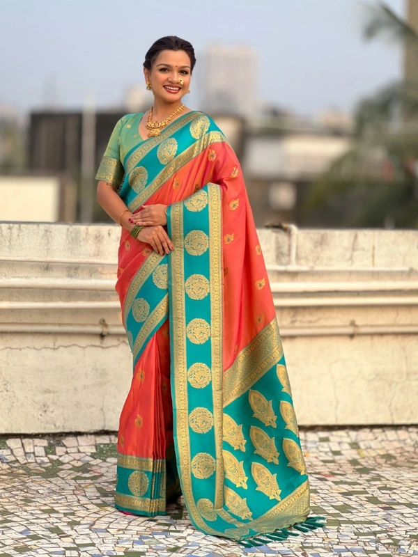 Soft Silk Saree with Peacock Zari Motifs and Contrast Peacock Panel Border