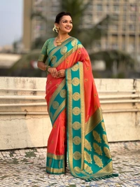Soft Silk Saree with Peacock Zari Motifs and Contrast Peacock Panel Border - FREE, PEACH