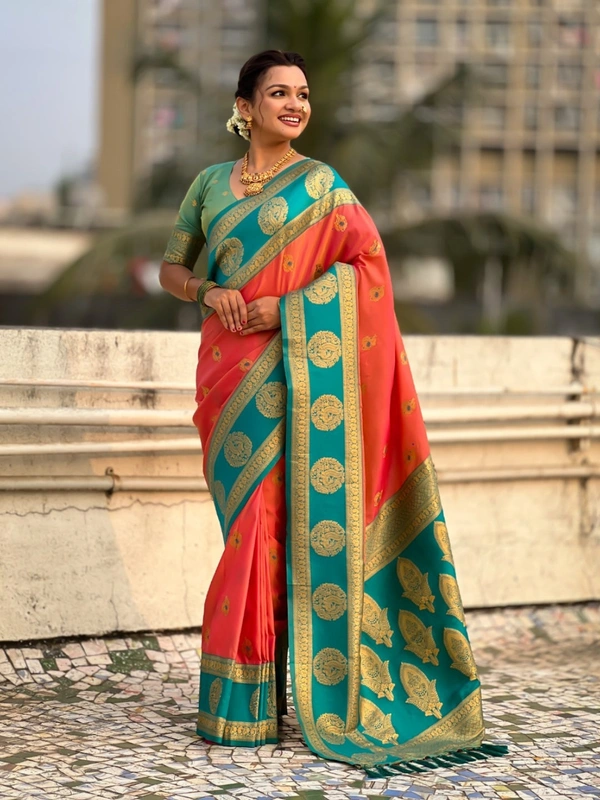 Soft Silk Saree with Peacock Zari Motifs and Contrast Peacock Panel Border - FREE, PEACH