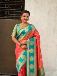 Soft Silk Saree with Peacock Zari Motifs and Contrast Peacock Panel Border - FREE, PEACH