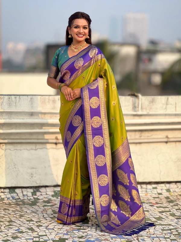 Soft Silk Saree with Peacock Zari Motifs and Contrast Peacock Panel Border