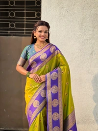 Soft Silk Saree with Peacock Zari Motifs and Contrast Peacock Panel Border - FREE, MEHENDI
