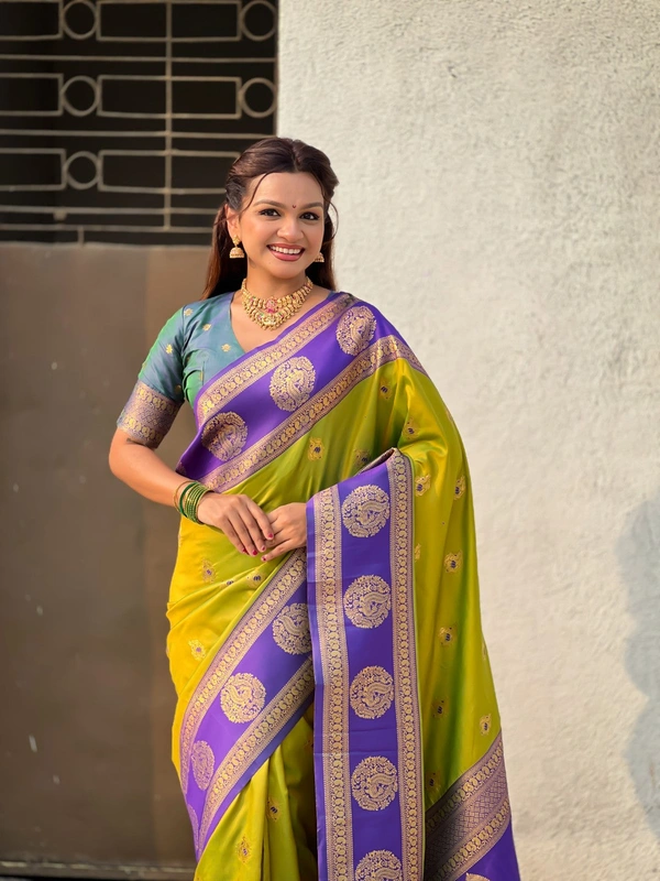 Soft Silk Saree with Peacock Zari Motifs and Contrast Peacock Panel Border - FREE, MEHENDI