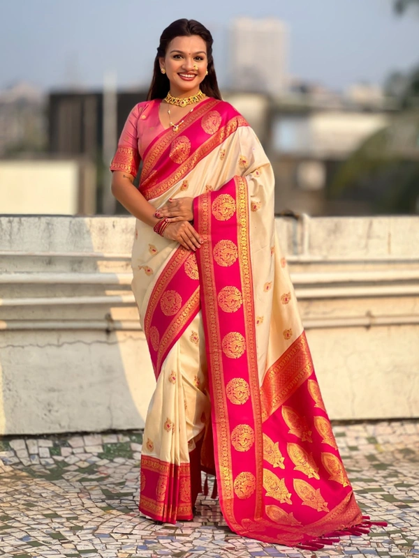 Soft Silk Saree with Peacock Zari Motifs and Contrast Peacock Panel Border