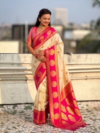 Soft Silk Saree with Peacock Zari Motifs and Contrast Peacock Panel Border - FREE, CREAM