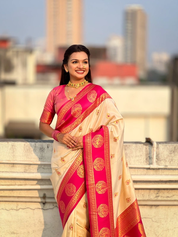 Soft Silk Saree with Peacock Zari Motifs and Contrast Peacock Panel Border - FREE, CREAM