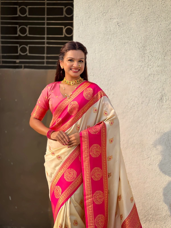 Soft Silk Saree with Peacock Zari Motifs and Contrast Peacock Panel Border - FREE, CREAM