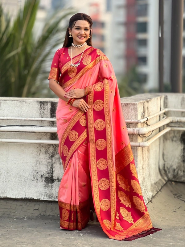 Soft Silk Saree with Peacock Zari Motifs and Contrast Peacock Panel Border