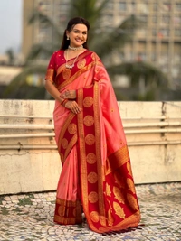 Soft Silk Saree with Peacock Zari Motifs and Contrast Peacock Panel Border - FREE, BABYPINK