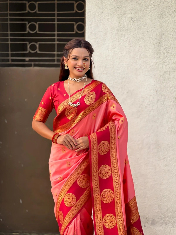 Soft Silk Saree with Peacock Zari Motifs and Contrast Peacock Panel Border - FREE, BABYPINK