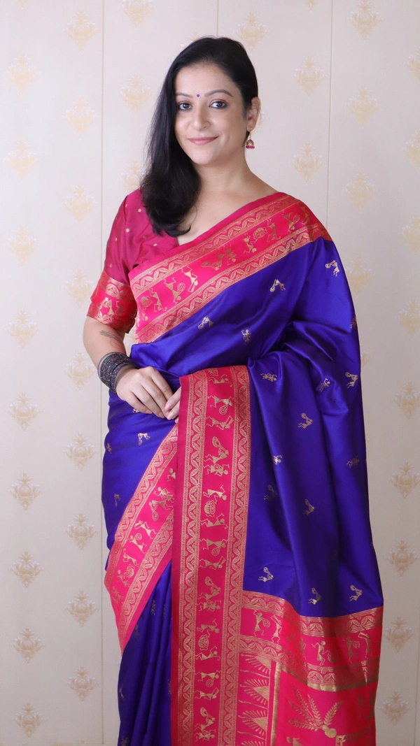 Traditional Art Soft Silk Saree with Gold Zari Motifs & Contrast Pallu - FREE, VIOLET