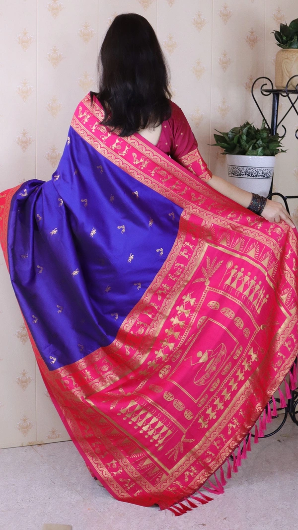 Traditional Art Soft Silk Saree with Gold Zari Motifs & Contrast Pallu - FREE, VIOLET
