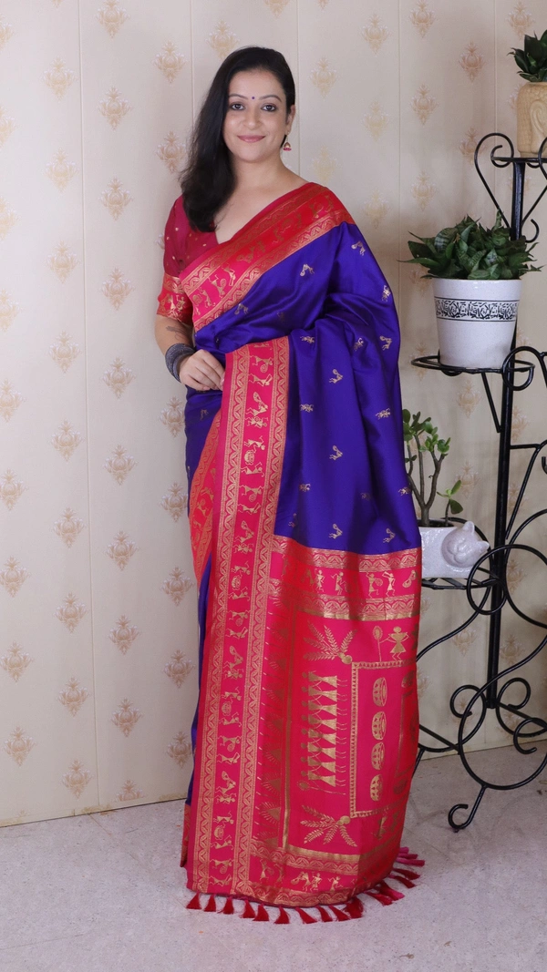 Traditional Art Soft Silk Saree with Gold Zari Motifs & Contrast Pallu - FREE, VIOLET