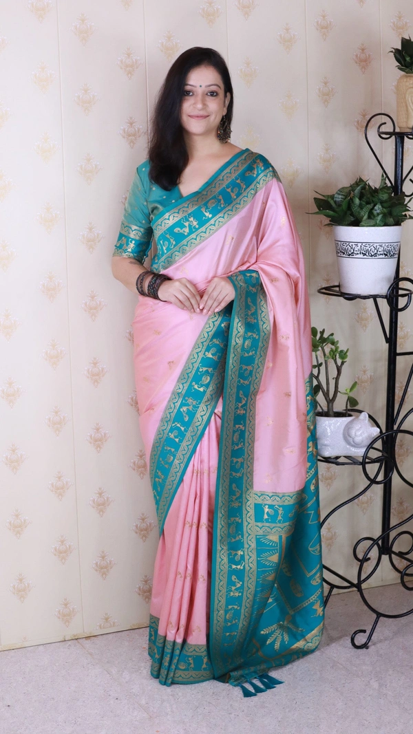 Traditional  Art Soft Silk Saree with Gold Zari Motifs & Contrast Pallu