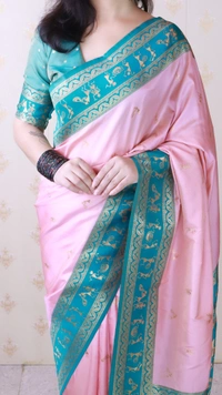 Traditional Art Soft Silk Saree with Gold Zari Motifs & Contrast Pallu - FREE, BABY PINK