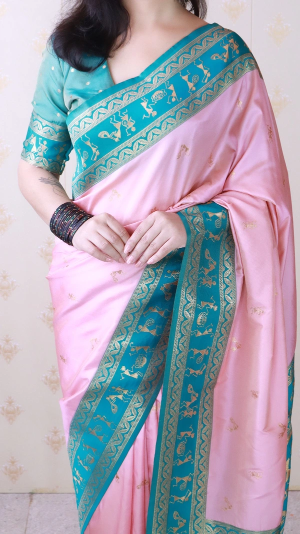 Traditional Art Soft Silk Saree with Gold Zari Motifs & Contrast Pallu - FREE, BABY PINK