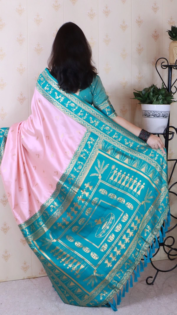 Traditional Art Soft Silk Saree with Gold Zari Motifs & Contrast Pallu - FREE, BABY PINK