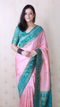 Traditional Art Soft Silk Saree with Gold Zari Motifs & Contrast Pallu - FREE, BABY PINK