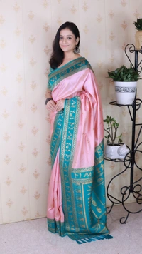 Traditional Art Soft Silk Saree with Gold Zari Motifs & Contrast Pallu - FREE, BABY PINK