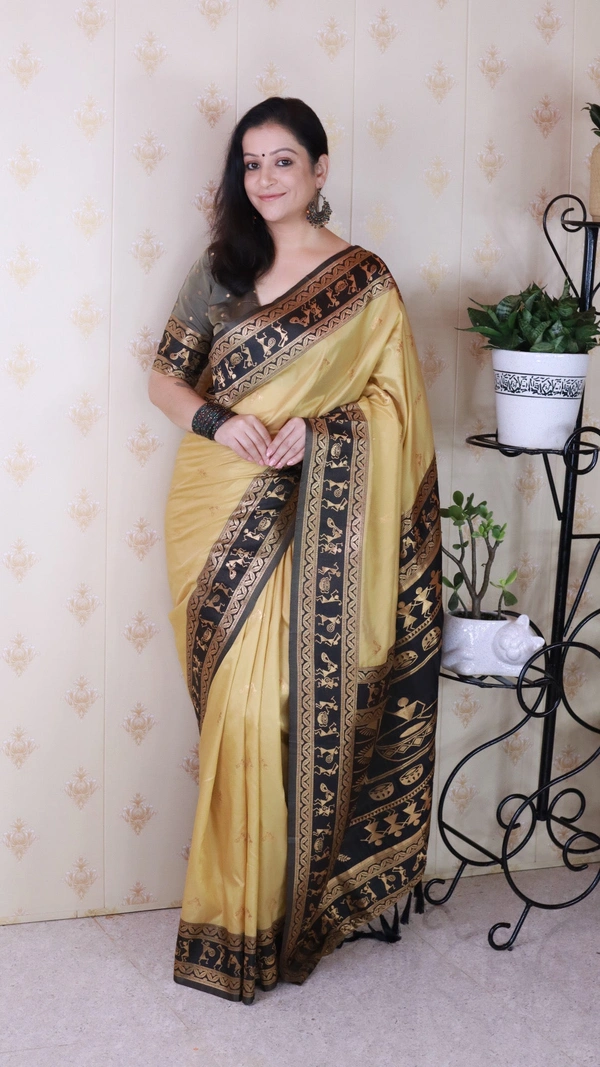 Traditional  Art Soft Silk Saree with Gold Zari Motifs & Contrast Pallu