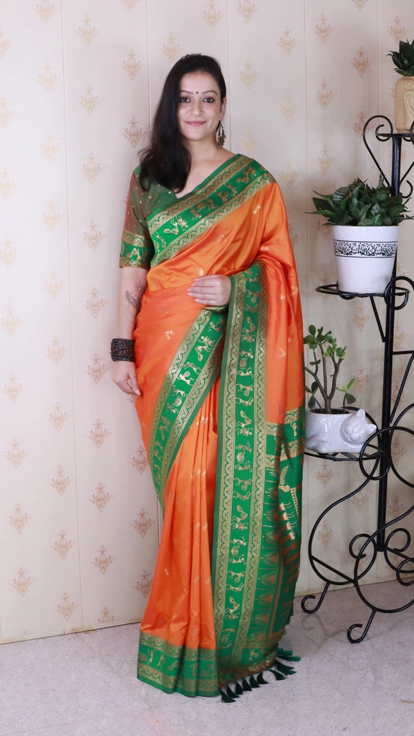 Traditional  Art Soft Silk Saree with Gold Zari Motifs & Contrast Pallu