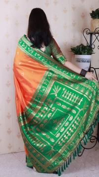 Traditional Art Soft Silk Saree with Gold Zari Motifs & Contrast Pallu - FREE, ORANGE
