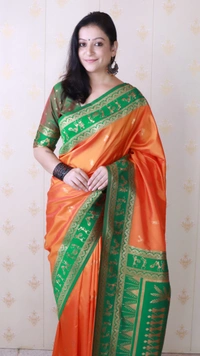 Traditional Art Soft Silk Saree with Gold Zari Motifs & Contrast Pallu - FREE, ORANGE