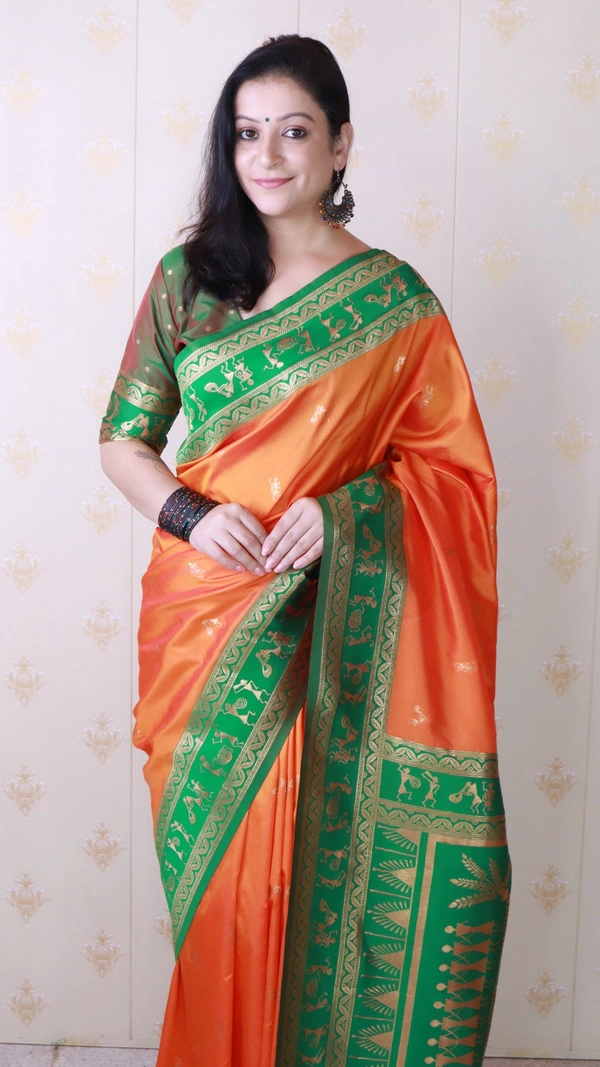 Traditional Art Soft Silk Saree with Gold Zari Motifs & Contrast Pallu - FREE, ORANGE