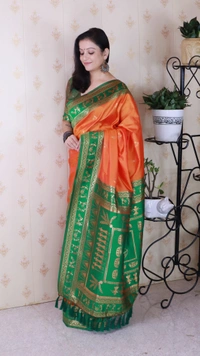 Traditional Art Soft Silk Saree with Gold Zari Motifs & Contrast Pallu - FREE, ORANGE