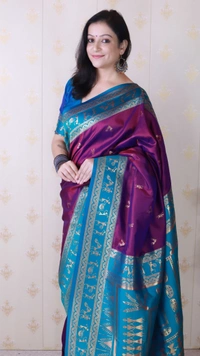 Traditional Art Soft Silk Saree with Gold Zari Motifs & Contrast Pallu - FREE, PURPLE RAMA