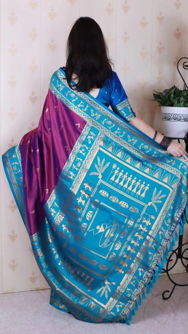 Traditional Art Soft Silk Saree with Gold Zari Motifs & Contrast Pallu - FREE, PURPLE RAMA
