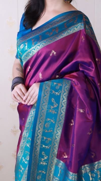 Traditional Art Soft Silk Saree with Gold Zari Motifs & Contrast Pallu - FREE, PURPLE RAMA
