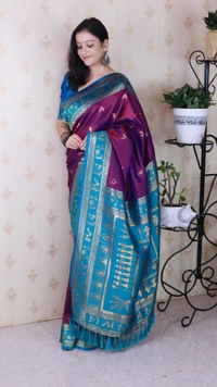 Traditional Art Soft Silk Saree with Gold Zari Motifs & Contrast Pallu - FREE, PURPLE RAMA