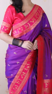 Traditional Art Soft Silk Saree with Gold Zari Motifs & Contrast Pallu - FREE, PURPLE PINK