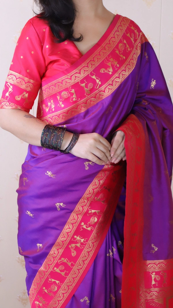 Traditional Art Soft Silk Saree with Gold Zari Motifs & Contrast Pallu - FREE, PURPLE PINK