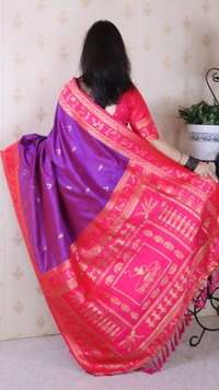 Traditional Art Soft Silk Saree with Gold Zari Motifs & Contrast Pallu - FREE, PURPLE PINK
