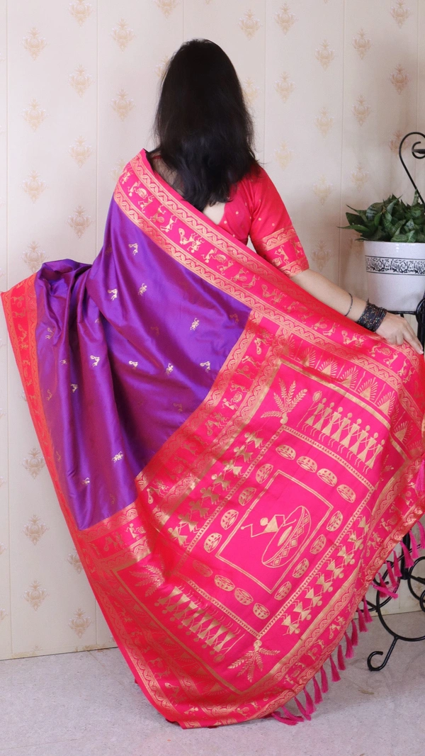 Traditional Art Soft Silk Saree with Gold Zari Motifs & Contrast Pallu - FREE, PURPLE PINK