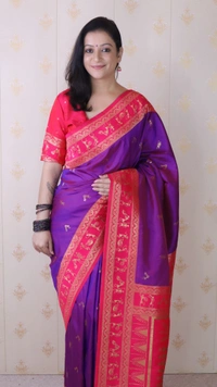Traditional Art Soft Silk Saree with Gold Zari Motifs & Contrast Pallu - FREE, PURPLE PINK