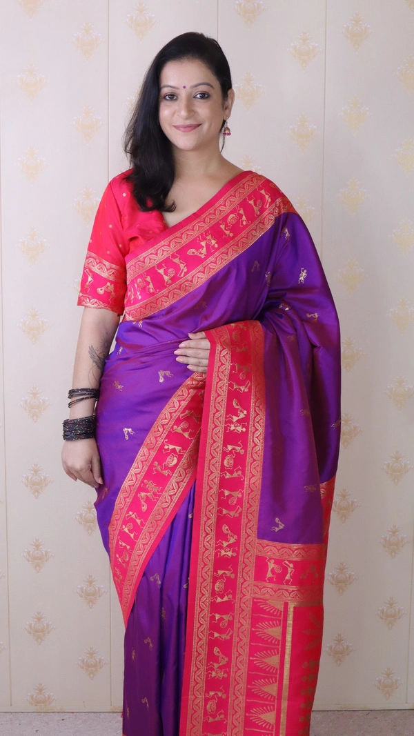 Traditional Art Soft Silk Saree with Gold Zari Motifs & Contrast Pallu - FREE, PURPLE PINK