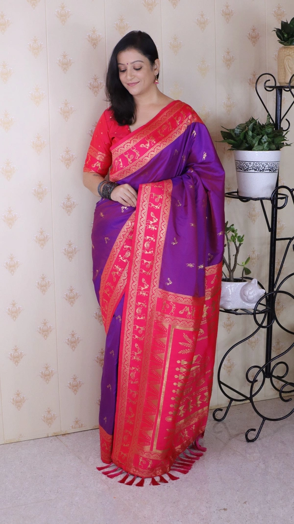 Traditional Art Soft Silk Saree with Gold Zari Motifs & Contrast Pallu - FREE, PURPLE PINK