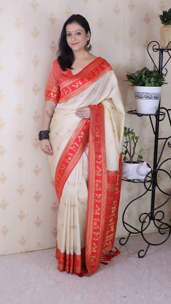 Traditional  Art Soft Silk Saree with Gold Zari Motifs & Contrast Pallu