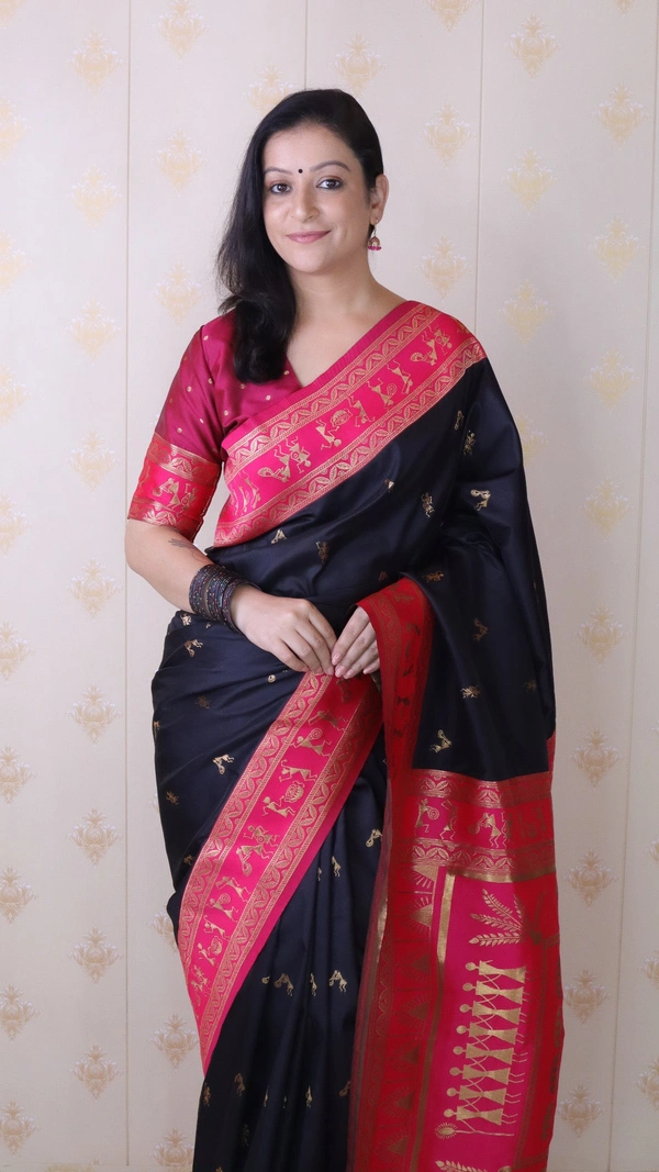 Traditional Art Soft Silk Saree with Gold Zari Motifs & Contrast Pallu - FREE, BLACK