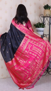 Traditional Art Soft Silk Saree with Gold Zari Motifs & Contrast Pallu - FREE, BLACK