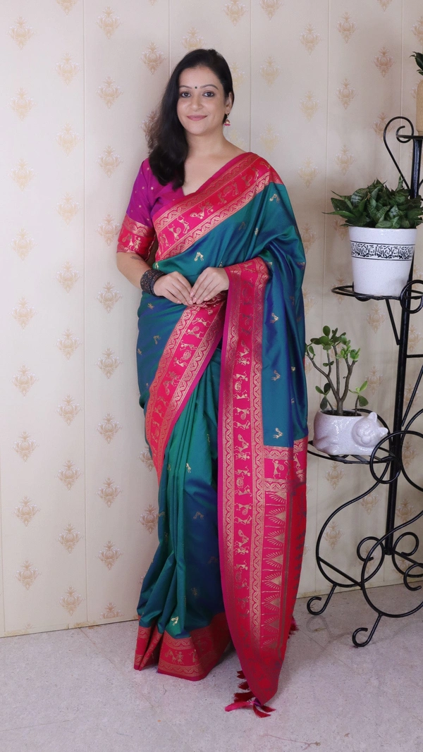 Traditional  Art Soft Silk Saree with Gold Zari Motifs & Contrast Pallu