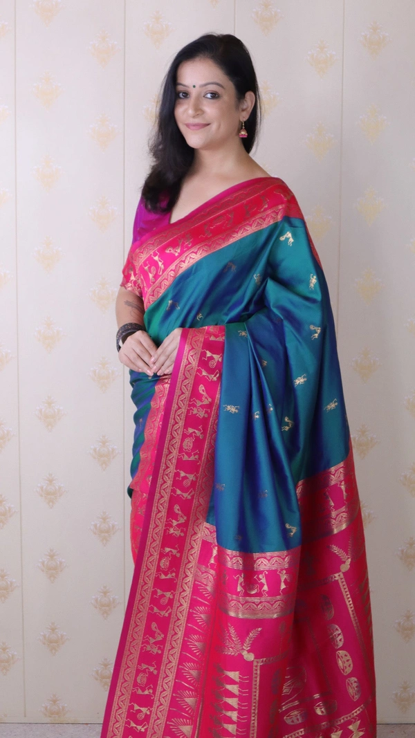 Traditional Art Soft Silk Saree with Gold Zari Motifs & Contrast Pallu - FREE, P.GREEN