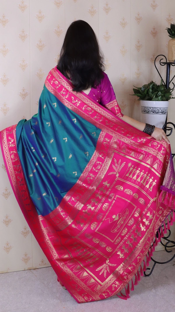 Traditional Art Soft Silk Saree with Gold Zari Motifs & Contrast Pallu - FREE, P.GREEN
