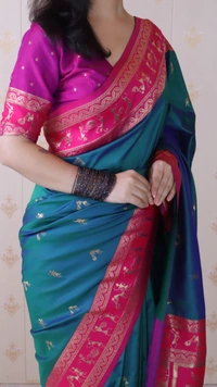 Traditional Art Soft Silk Saree with Gold Zari Motifs & Contrast Pallu - FREE, P.GREEN