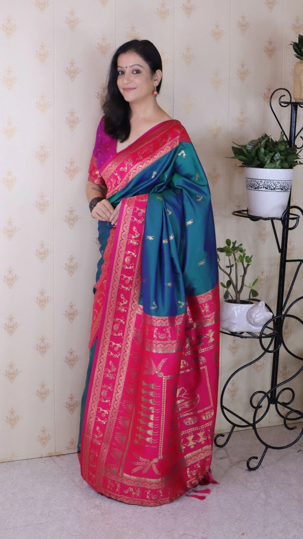 Traditional Art Soft Silk Saree with Gold Zari Motifs & Contrast Pallu - FREE, P.GREEN