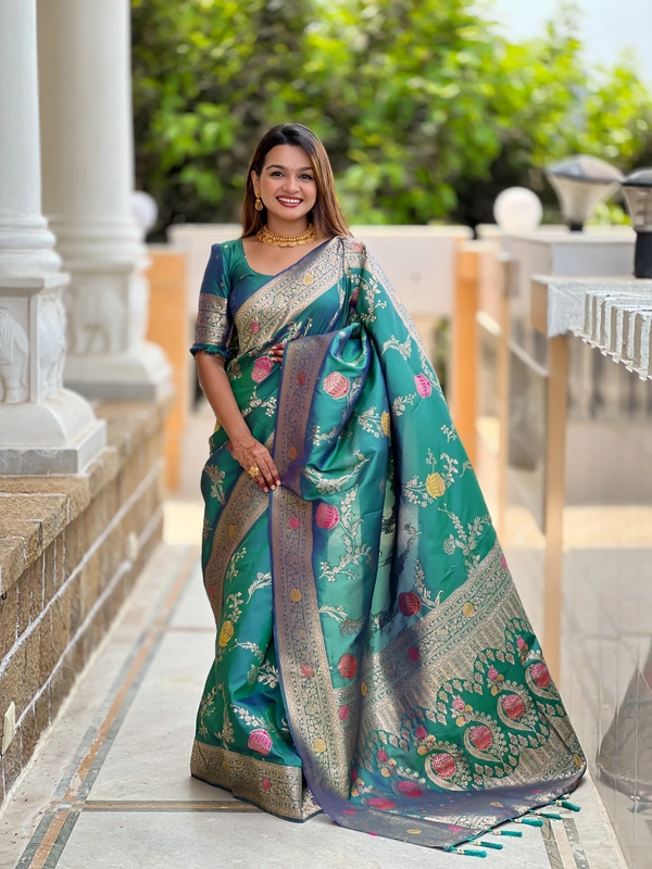 PAITHANI_HOUSE301 Traditional Banarasi Silk Saree with Meenakari Rich Pallu & Tassels - BANARASI - 2 - AQUA RAMA
