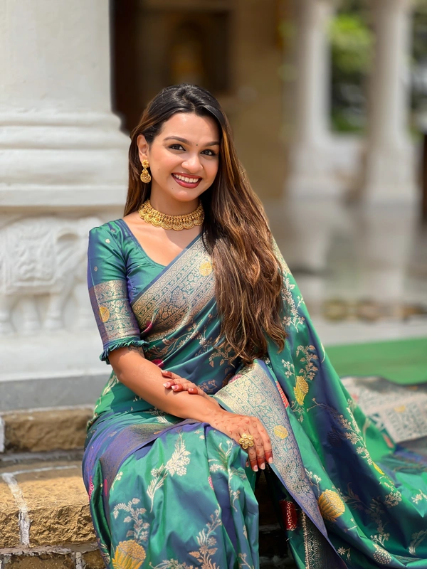 PAITHANI_HOUSE301 Traditional Banarasi Silk Saree with Meenakari Rich Pallu & Tassels - BANARASI - 2 - AQUA RAMA